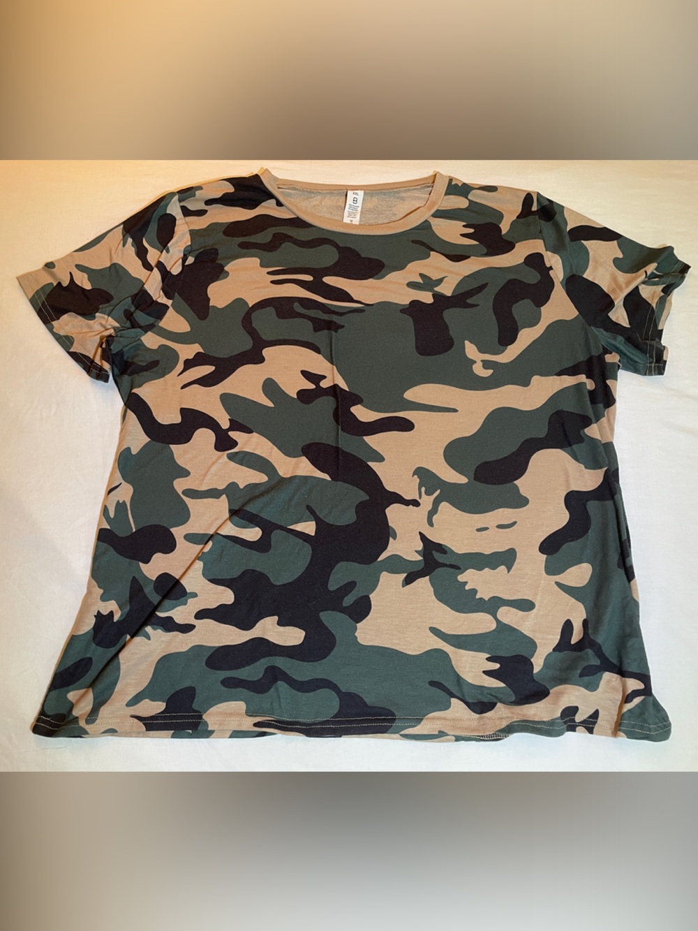 Camo Long Sleeve Crewneck Top XXL Green Brown Camouflage Stretch Shirt Plus